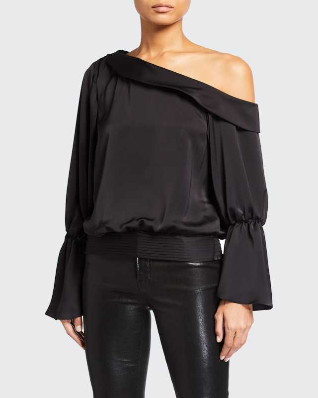 Sammy One-Shoulder Flare-Sleeve Satin Top